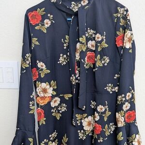 Floral Long Sleeve Dress with Tie Neck